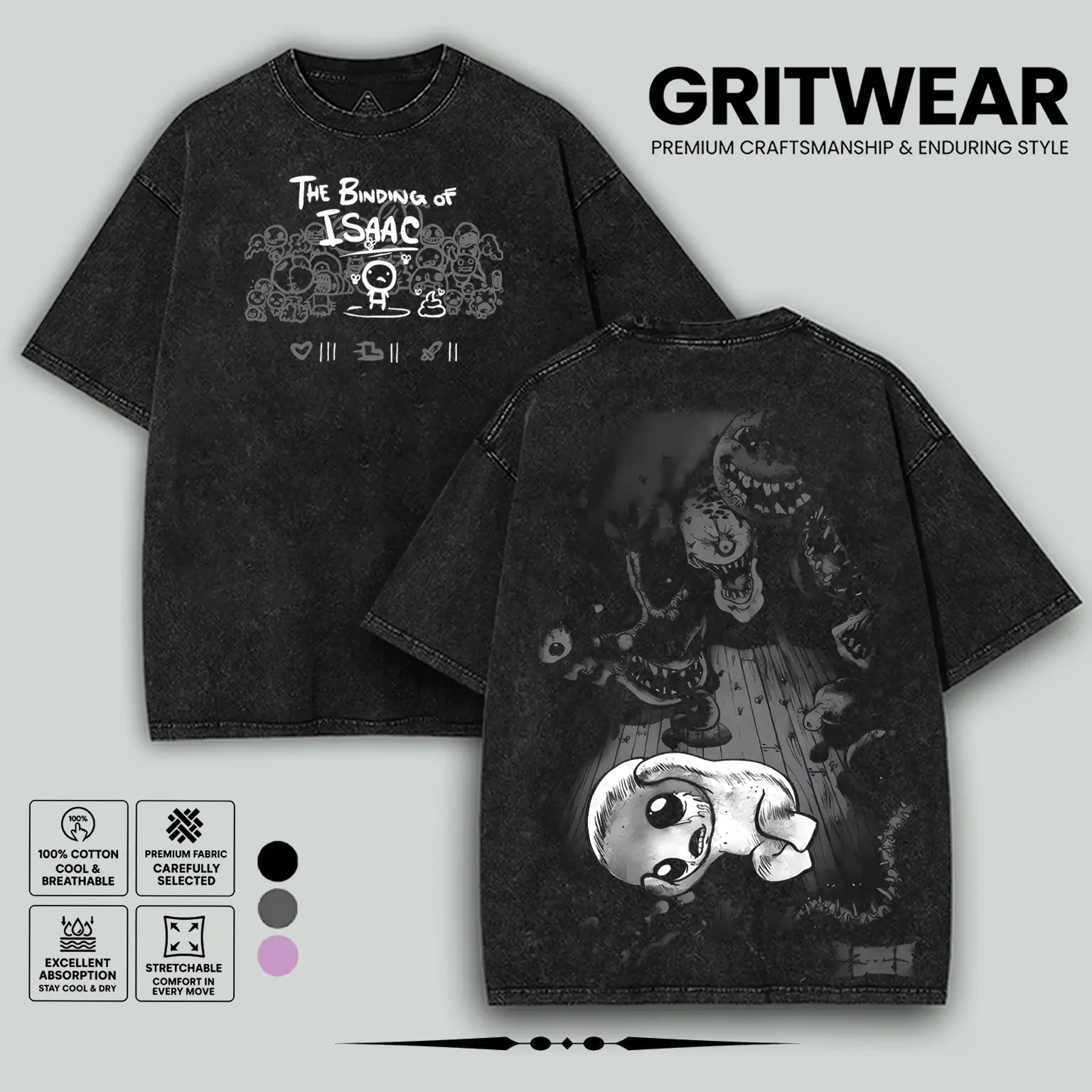 Binding of Isaac indie horror game Oversize Washed Tshirt, Hoodie 2 Sided Soft Cotton unisex Streetwear Tops 90s graphic tees
