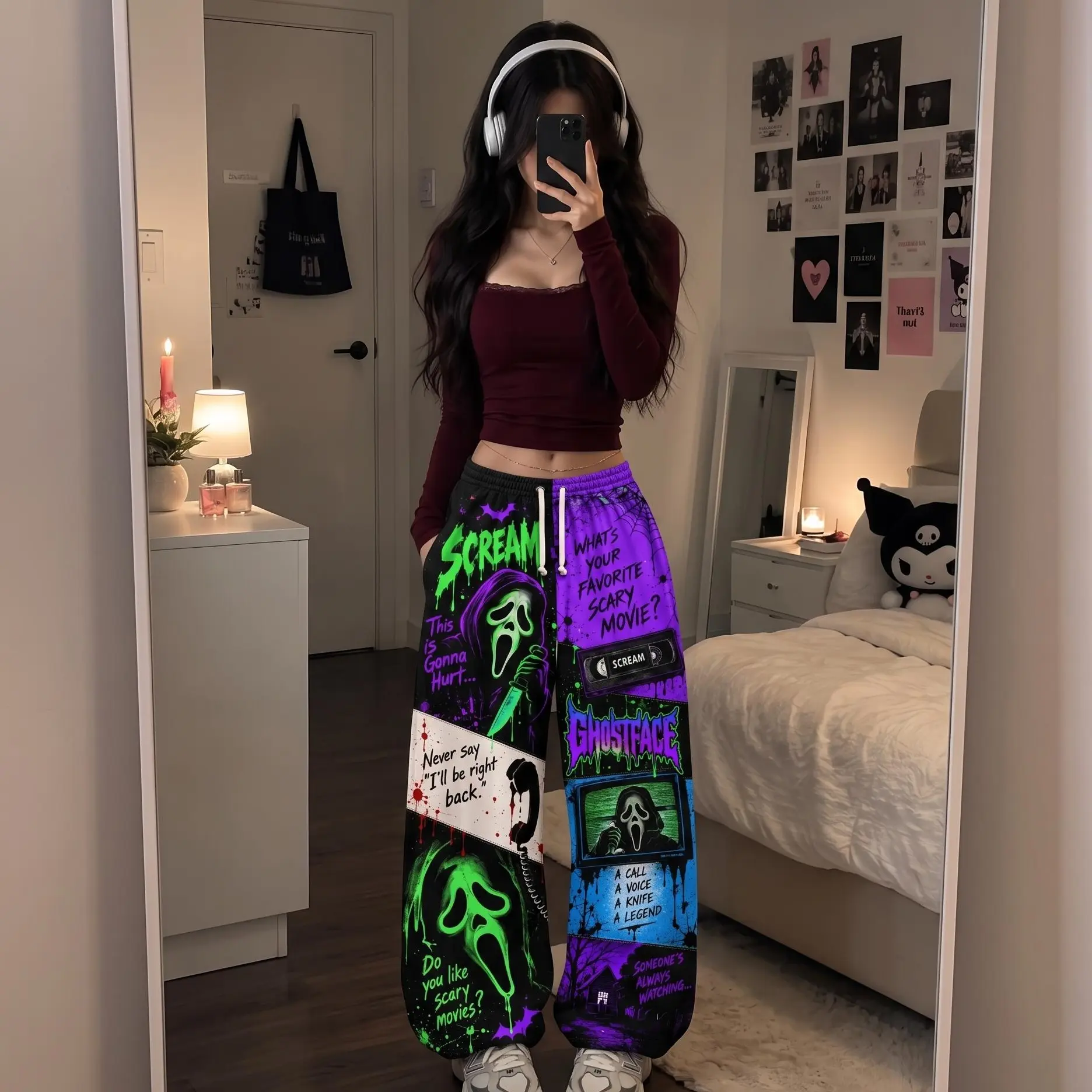 Ghostface Horror Loose Sweatpants, Scream Inspired Graphic Wide Leg Pants, Halloween Slasher Movie Streetwear, Halloween Outfit, Halloween Gift