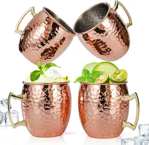 Mule Mugs Set of 4, 16 OZ Hammered Copper Cups with 304 Stainless Steel Lining and Gold Brass Handles, for Cold Drinks, Beer, Wine, Bars, Parties