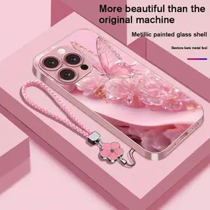 Luxury Rose Gemstone Butterfly Glass Phone Cases for iPhone 17 Pro Max 16 15 Plus 14 13 12 11 Pro,Waterproof Trendy Fashion Cute Beautiful High-end Business Phone Cover