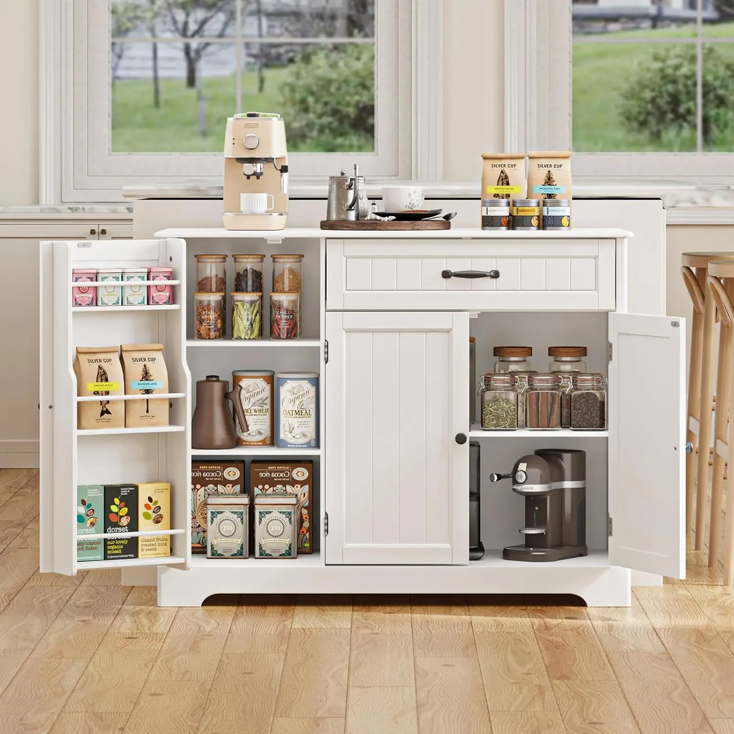GIZOON Kitchen Coffee Bar Cabinet with Storage, White | Kitchen Sideboard Buffet Cabinet with Drawers Painted Short Pantry with Door and Shelves for Bathroom and Living Room