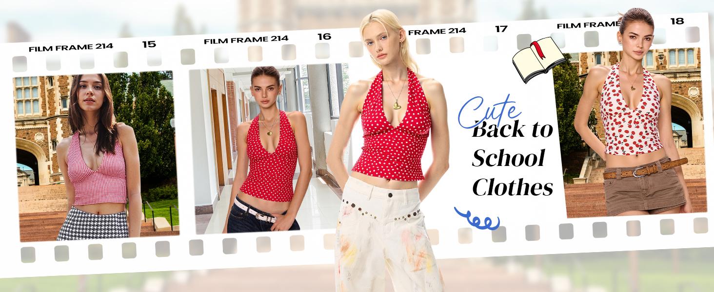 EMMIOL Women's Gingham Halter Top - Deep V Neck Sleeveless Open Back Crop Tank Top for Summer Y2K Coquette Fashion