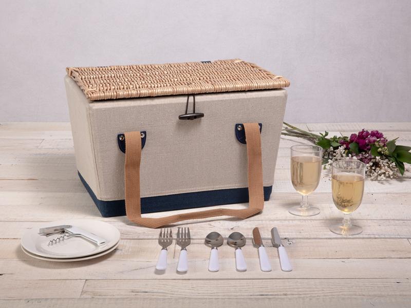 Boardwalk Picnic Basket for 2, (Beige Canvas with Navy Blue Accents)