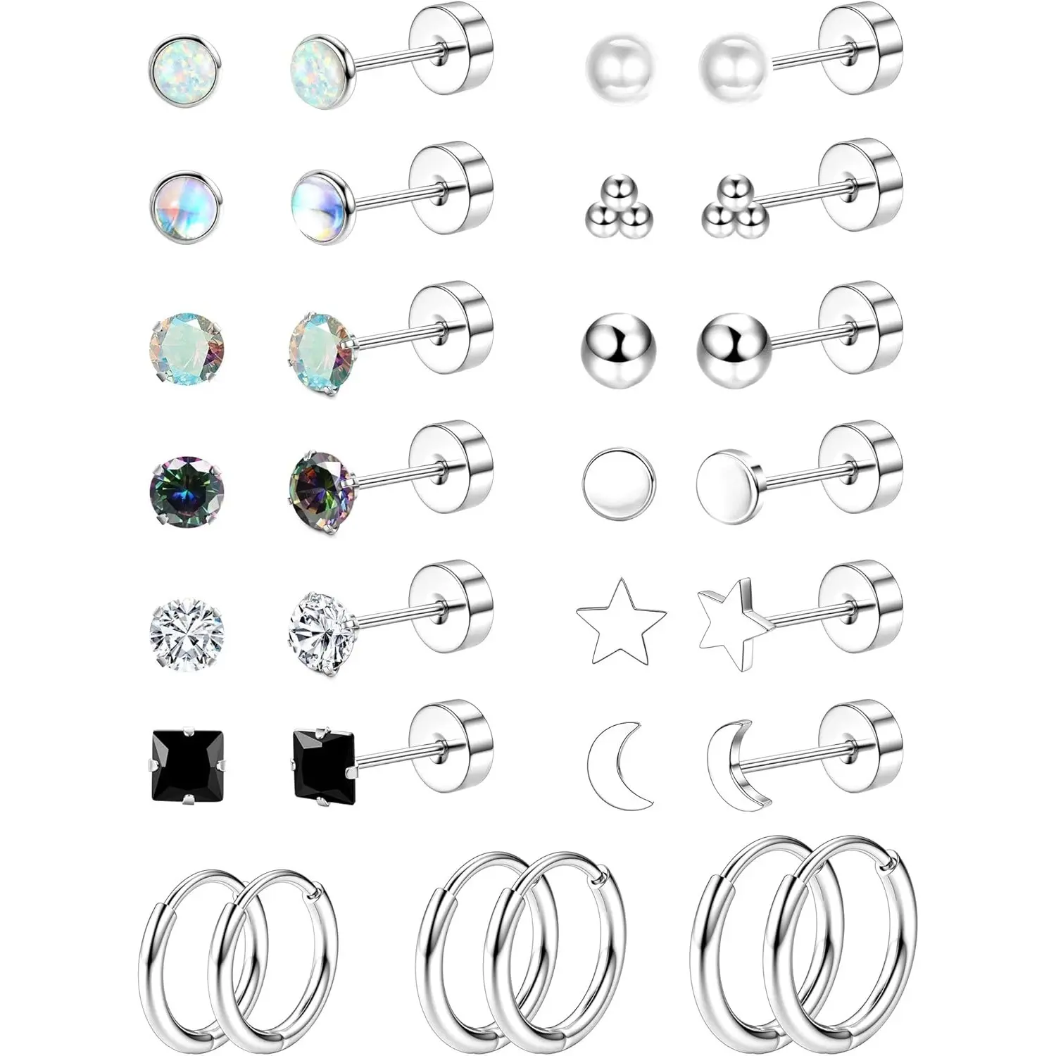 Jstyle Hypoallergenic Flat Back Stud Earrings for Women Men Surgical Stainless Steel Earrings for Sensitive Ears Small Stud Hoop Silver Gold Black Earrings Cartilage Earring Set for Multiple Piercing