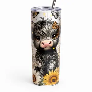 20 oz Mini Cow Printed Design Sunflower & Butterfly Floral Modern Farmhouse Drinkware with Lid & Straw Included Stainless Steel Tumbler for Cold & Hot Beverages