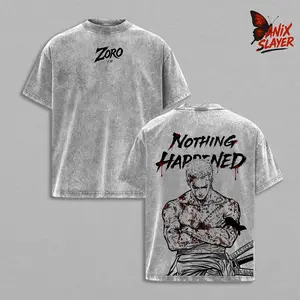 Roronoa Zoro Nothing Happened Vintage Washed Oversized T Shirt One Piece Anime Streetwear Manga Graphic Tee Samurai Sword Unisex Heavyweight Cotton Harajuku Aesthetic Double Sided Print Anime Fan Gift