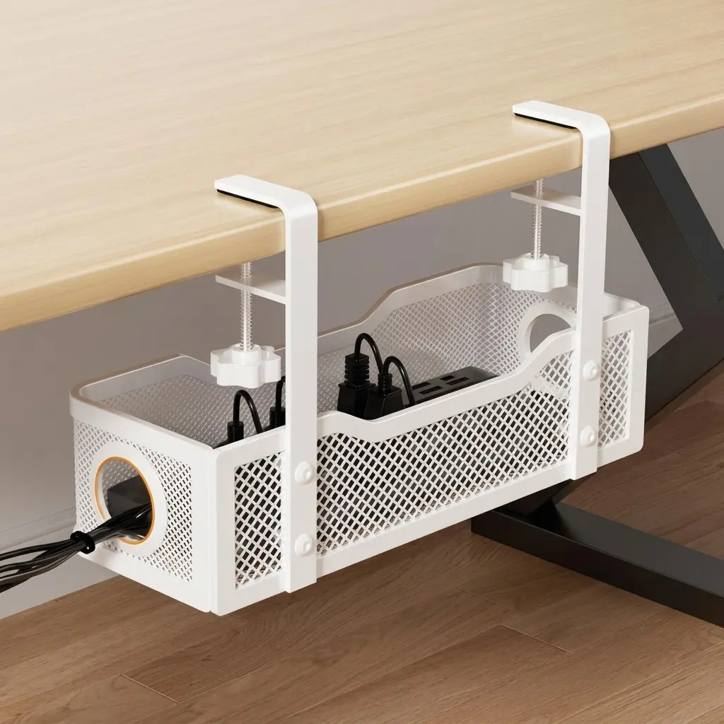 No-Drill Wire Organizer, Clamp-Mounted Cable Tray for Under-Desk Cord Management, White Cord Organizer Box for Cooler Accessories, Office, Home (Desk Damage-Free)