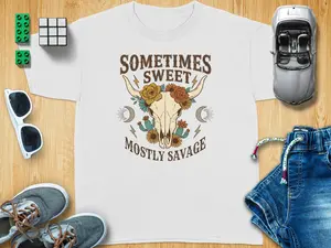 Boho Bull Skull Floral Sometimes Sweet Mostly Savage T-Shirt