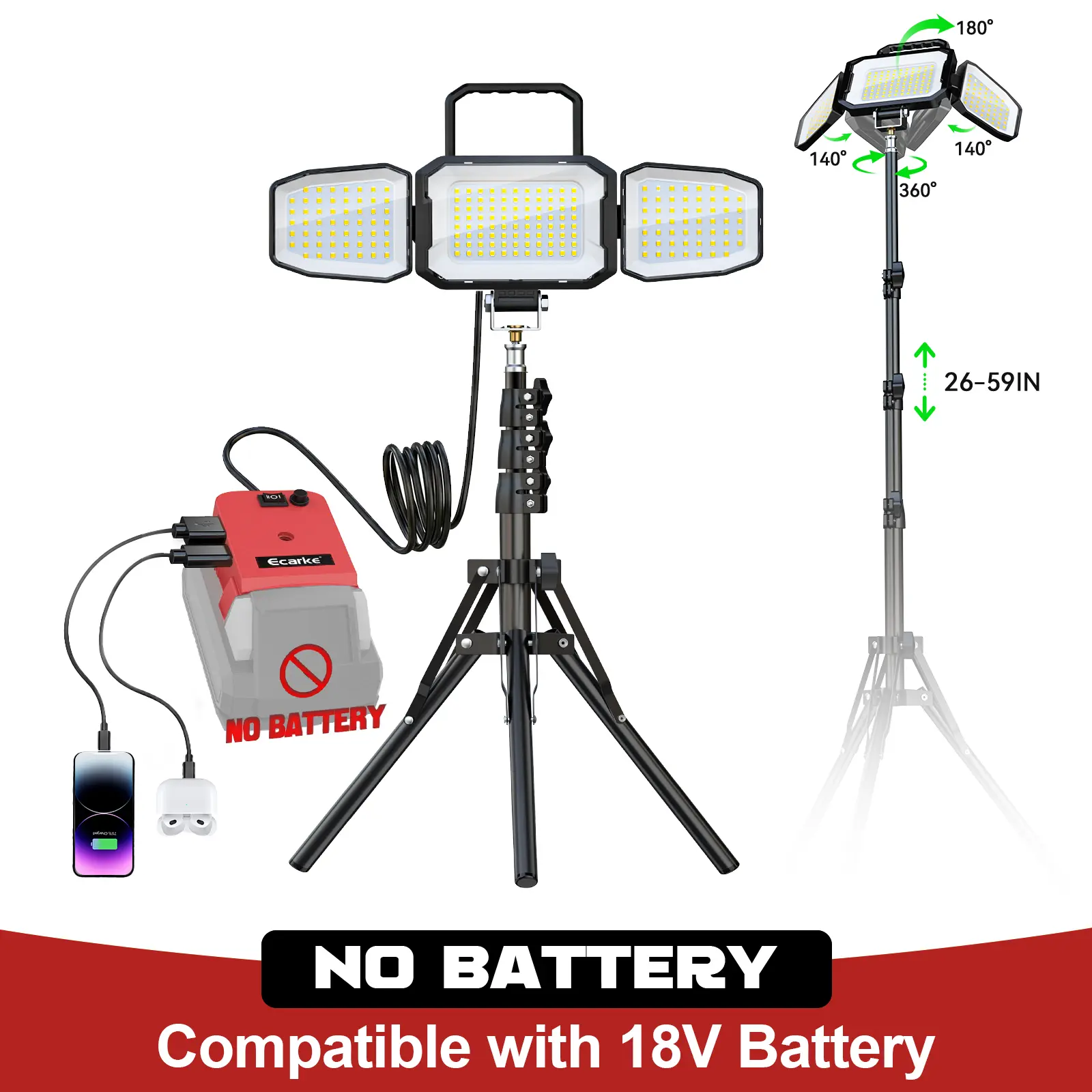 LED Work Light with 59" Tripod Stand Compatible with Milwaukee 18V Battery ,【Battery Not Included】, 70W 7000LM 3-Head Adjustable Flood Light, Dual Brightness Modes, USB-C Rechargeable Portable Job Site Light