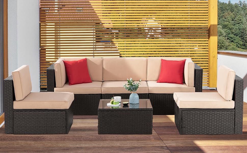 Walsunny 6 Piece Patio Furniture Sets, All Weather PE Wicker Rattan Outdoor Sectional Sofa Conversation Couch with Glass Table, Cushions and Pillows Outdoorfun