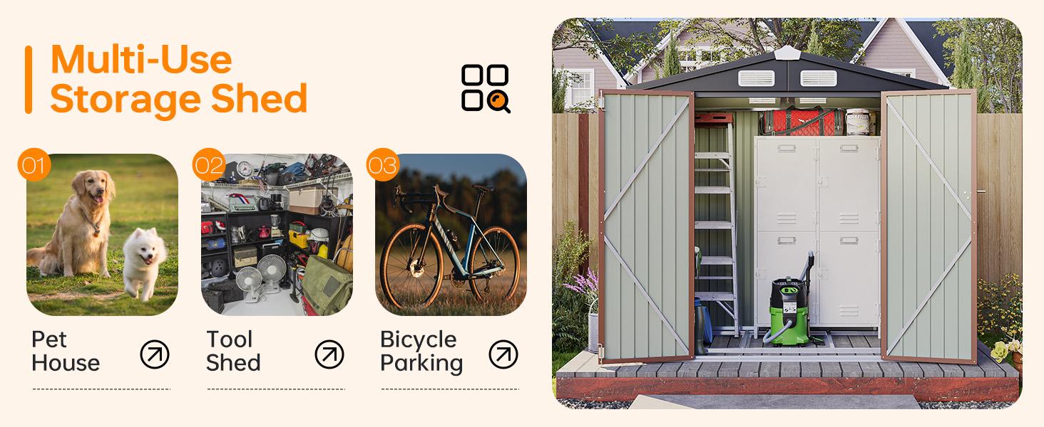 Aoxun 6' x 8' Storage Shed with Base Outdoor Steel Garden Utility Cabinet with Lockable Door Waterproof & Rust-Proof for Yard, Patio, Backyard (Brown, Base Included)