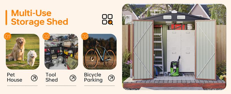 Aoxun 6' x 8' Storage Shed with Base Outdoor Steel Garden Utility Cabinet with Lockable Door Waterproof & Rust-Proof for Yard, Patio, Backyard (Brown, Base Included)