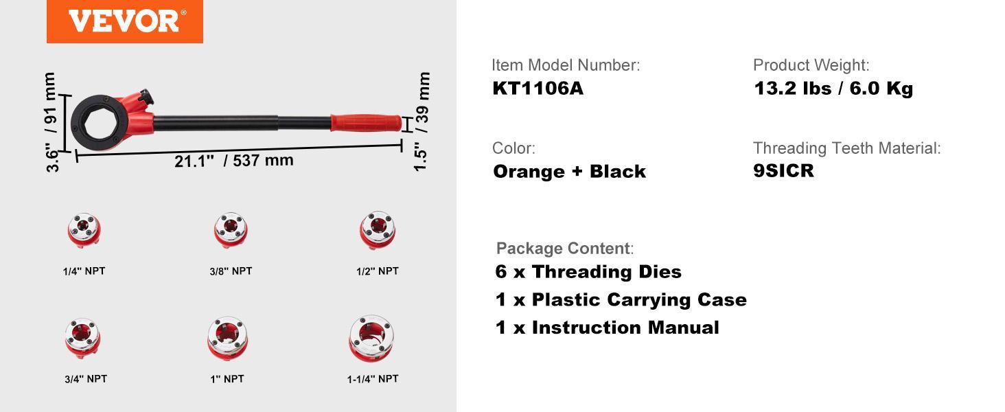 VEVOR Ratchet Pipe Threader Kit, 1/4" NPT - 1-1/4" NPT Manual Ratcheting Pipe Threader, Portable Pipe Threading Tool Set with 6PCS NPT Dies, Storage Case for Galvanized Aluminum Iron Copper Pipes