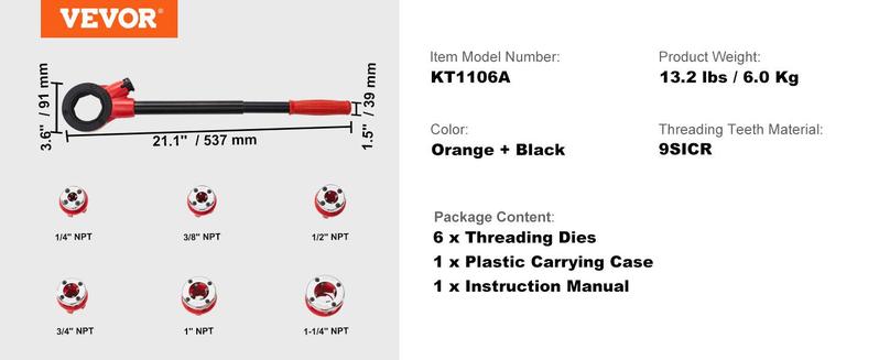 VEVOR Ratchet Pipe Threader Kit, 1/4" NPT - 1-1/4" NPT Manual Ratcheting Pipe Threader, Portable Pipe Threading Tool Set with 6PCS NPT Dies, Storage Case for Galvanized Aluminum Iron Copper Pipes VEVOR Ratchet Pipe Threader Kit, 1/4" NPT - 1-1/4" NPT Manual Ratcheting Pipe Threader, Portable Pipe Threading Tool Set with 6PCS NPT Dies, Storage Case for Galvanized Aluminum Iron Copper Pipes