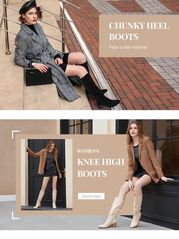 Athlefit Womens Knee High Chunky Heel Boots Faux Suede Pointed Toe Side Zipper Boots knee  high Comfortable Platform Ankle Girl