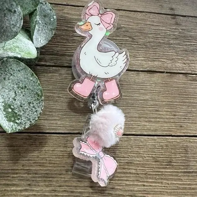 Cottagecore Goose Nurse Badge Reel with Pink Bows and Cozy Details for Healthcare Professionals