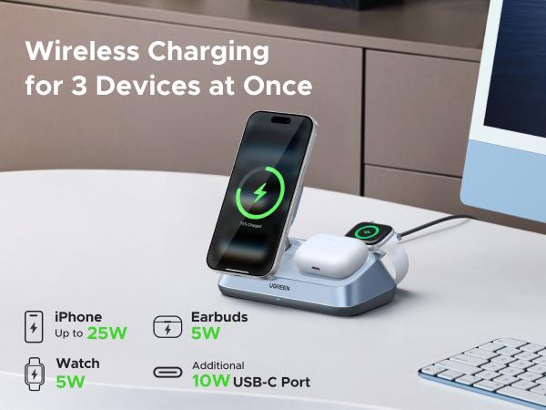 UGREEN 25W Qi2 Certified 3-in-1 Magflow Wireless Charging Stand, Magsafe Fast Wireless Charger for iPhone 17/16/15/14/13/12, AirPods and Apple Watch, Desk Stand with Adjustable Angle,（No battery）TikTokShopBlackFriday ,TikTokShopJumpstartSale