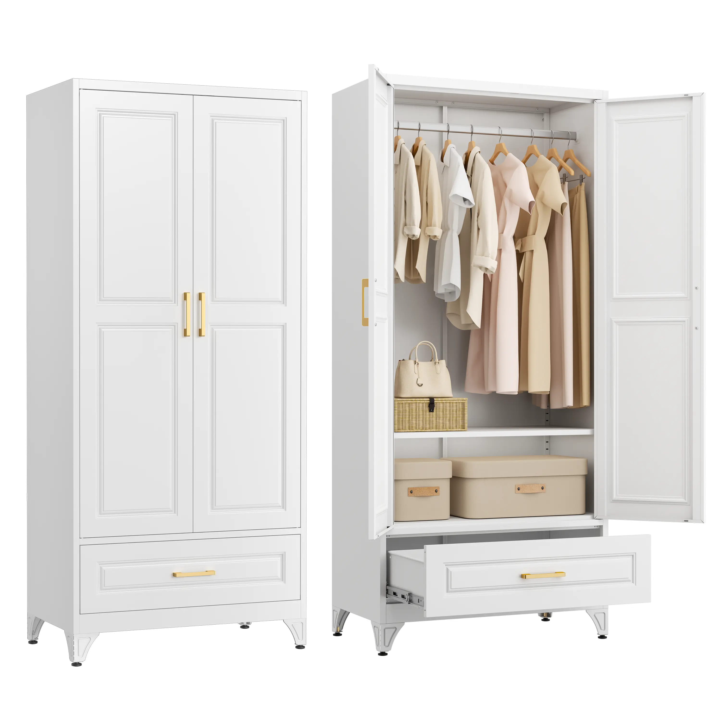 POLUP 75" Metal Storage Cabinet with Doors and 3 Adjustable Shelves | Kitchen Pantry Cabinet with Drawer,White Kitchen Cabinet with 2 Gold Handles,Food Cupboard for Livingroom,Pantry, Bathroom