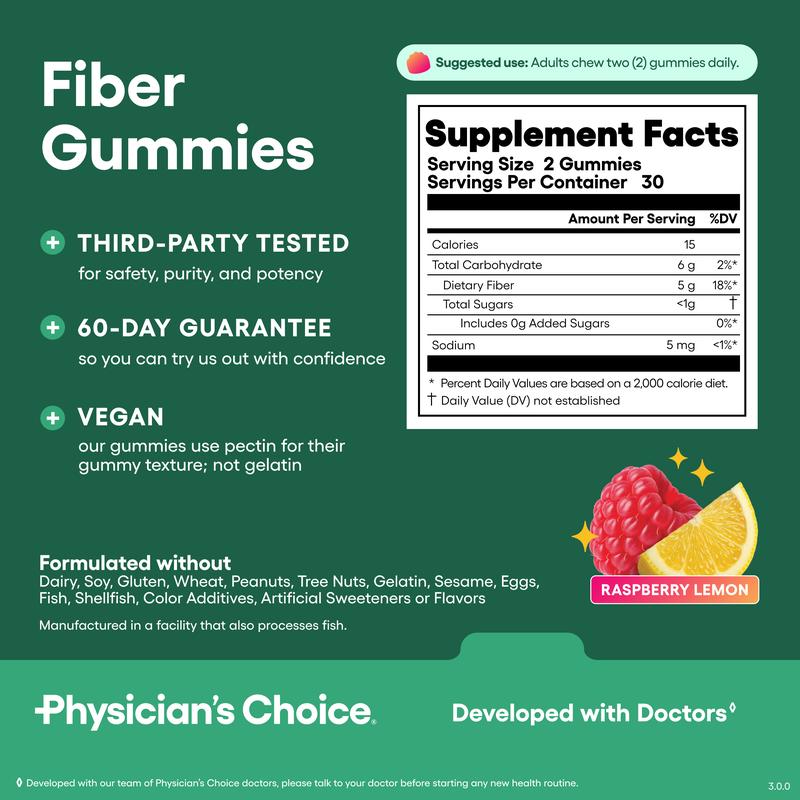 Physician’s Choice Fiber Gummies 3-Pack: Digestive Health & Regularity - Raspberry Lemon Flavor - No Sugar Added & Vegan - Daily Gummy for Adults