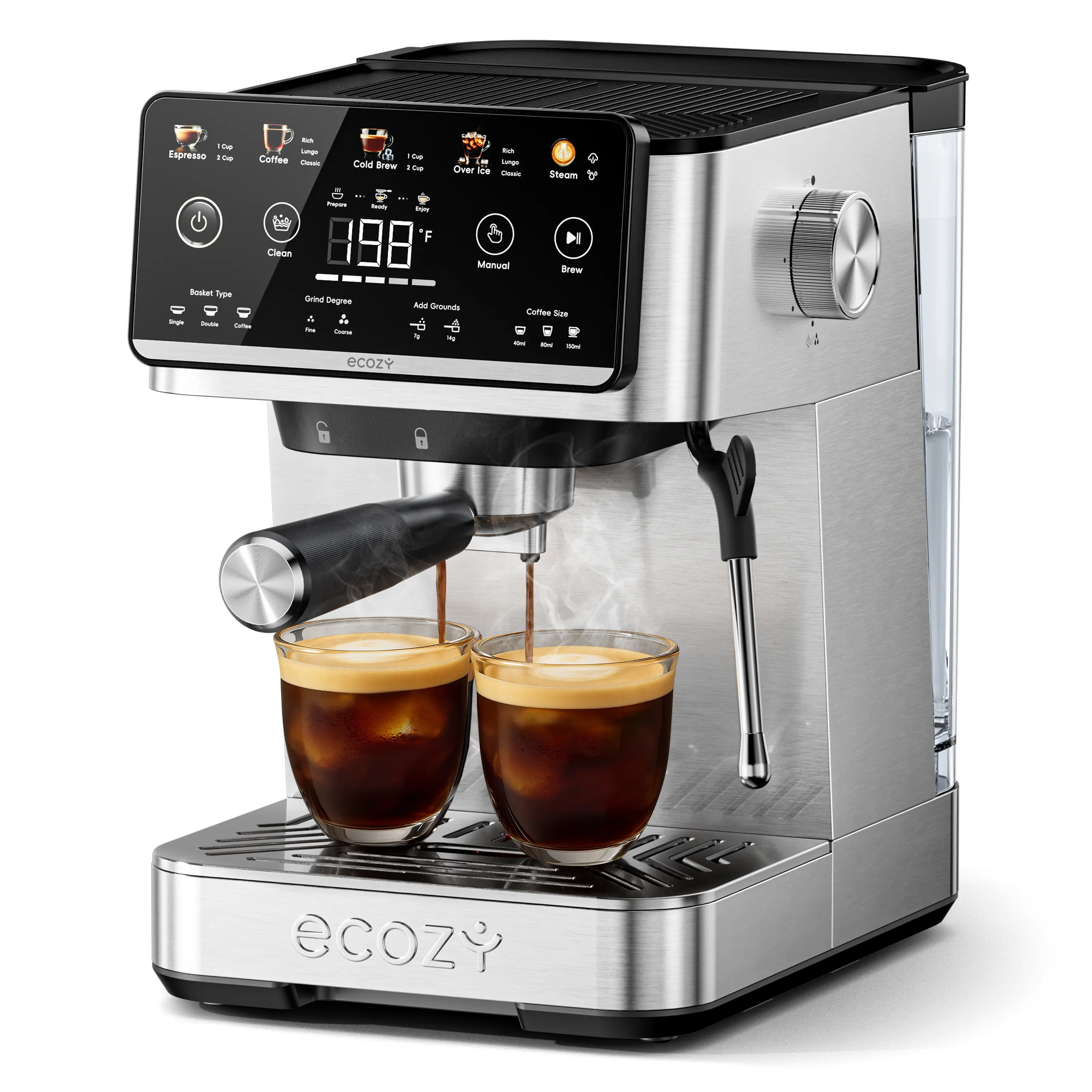ecozy 4-in-1 Espresso Machine, LED Touch Screen, 20 Bar Pump - Home Coffee Bar, Drip Coffee, Cold Brew, Hot Water and Over lce Coffee Machine, Intergrated Milk Frother, Stainless Steel, Brezzano Elite Series for Cappuccino, Latte, Americano, Father's Day