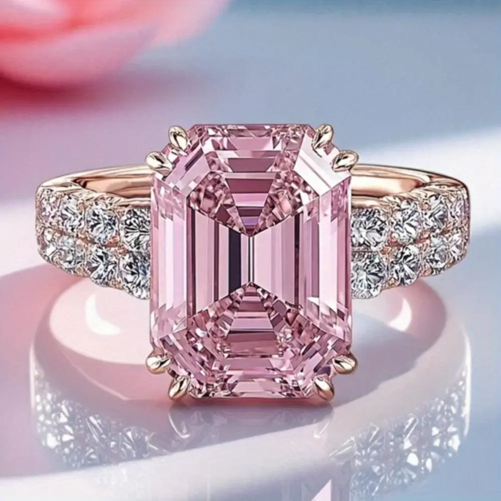 Emerald Cut Pink Stone Promise Ring, Rose Gold Tone Pave Accent Statement Band, Bridal Engagement Ring for Women, Ideal for Bridal, Anniversary & Valentine’s Day Gift Occasions