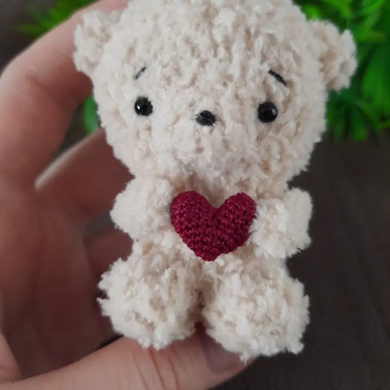 Mini Beige Teddy Bear Plush Keychain | Crochet Pocket Plush with Tiny Heart | Cute Gift