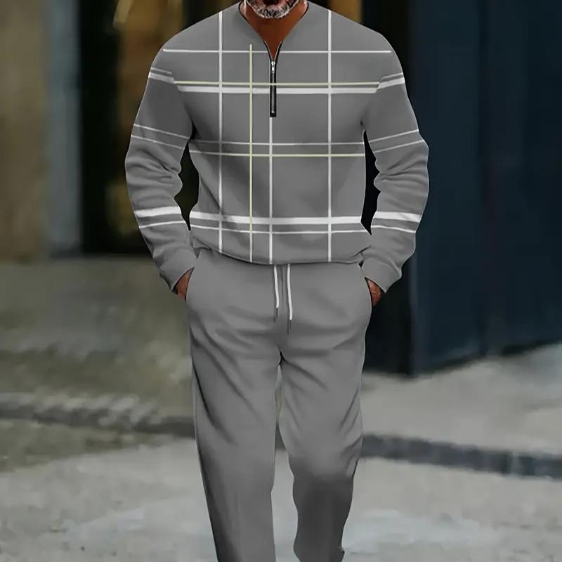 Men's 2-piece lightweight business casual sportswear |   Light blue checkered top with half zipper |   Contrasting white and yellow checkered patterns+matching pants |   Suitable for urban commuting, office leisure, and polished comfort Summer Tracksuits