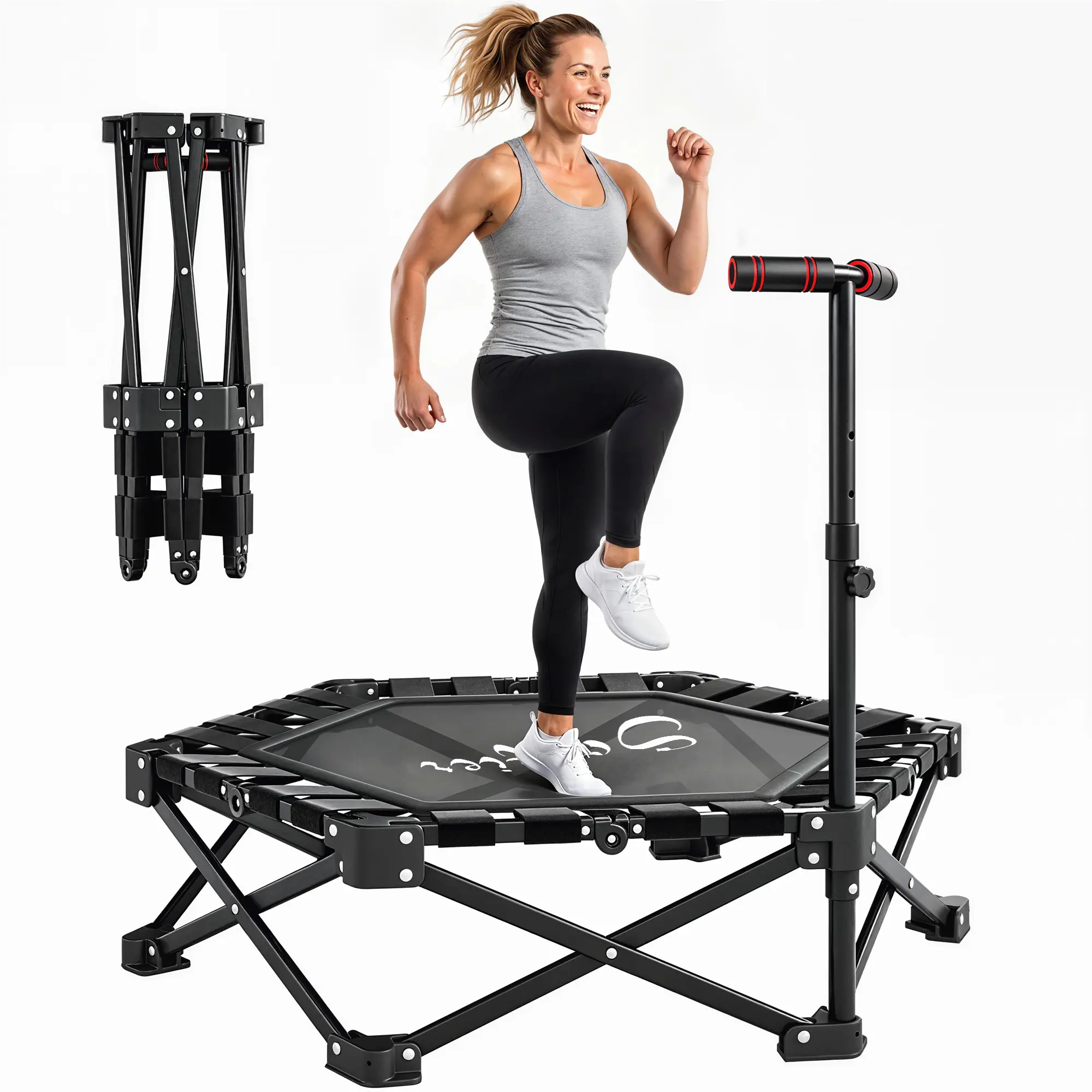 Soozier 40" Foldable Steel Fitness Rebounder for Unisex Adults, No Assembly Required, Adjustable T-Handlebar, 24 Elastic Bands, Anti-Slip Rubber Feet, Comes with a Storage Bag, 264lbs Max Load, Indoor-Outdoors Use