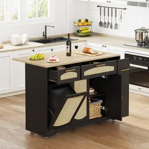 Garvee Rolling Kitchen Island Table with Drop Leaf, Tilt Out Trash Can Cabinet, Storage Cabinet, Drawer, Spice Rack, Kitchen Cart, 53.1" Wide, Black - Versatile Kitchen Storage and Workspace