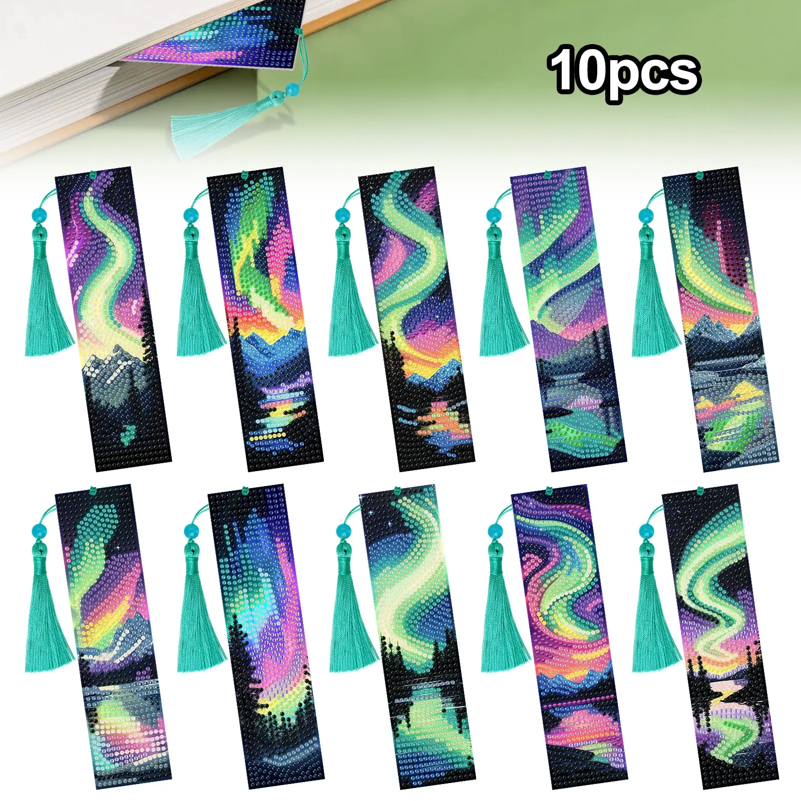 10Pcs Beaded Handcrafted Aurora Night Sky Diamond Painting Bookmarks - Colorful DIY Diamond Art Kit with Tassel Decor, Artistic Gift for Book Lovers, Christmas Gift for Craft Enthusiasts