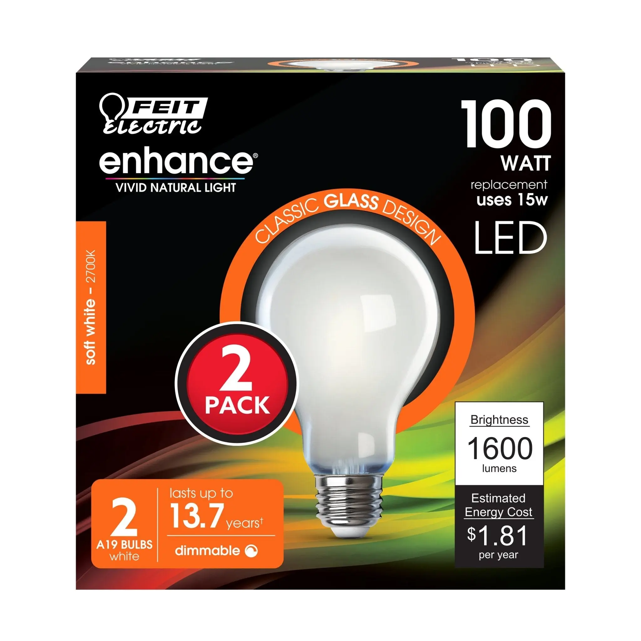 Feit Electric 100 Watt Replacement Soft White 2700K A19 Dimmable Frosted Glass LED Light Bulb 2 Pack