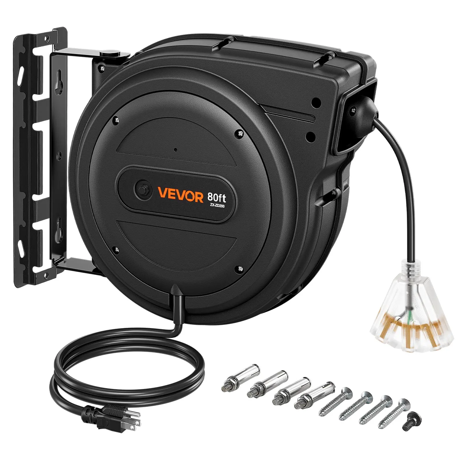 VEVOR Retractable Extension Cord Reel 80FT Heavy Duty 12AWG/3C SJTOW Black, for Ceiling/Wall Mount, 15A Circuit Breaker, Automatic Retractable Power Cord, Lighted Triple Tap, with 180° Swivel Bracket