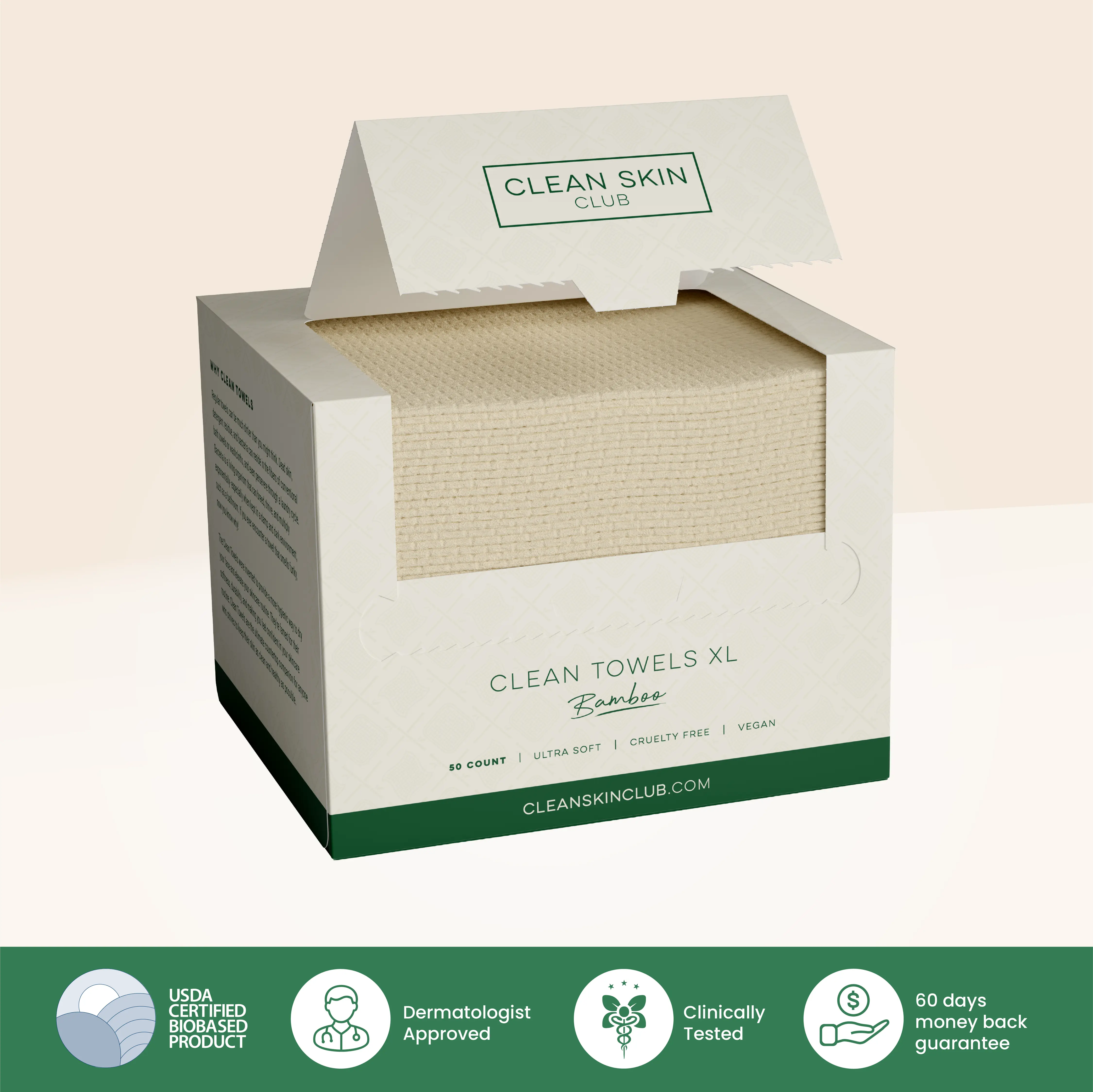 Clean Skin Club Bamboo Viscose Clean Towels XL 100% USDA Biobased Face Towel Disposable Towelette Makeup Remover Dry Wipes Ultra Soft 50 Ct 1 Pack Dermatologist Tested Vegan Cruelty Free - Gentle