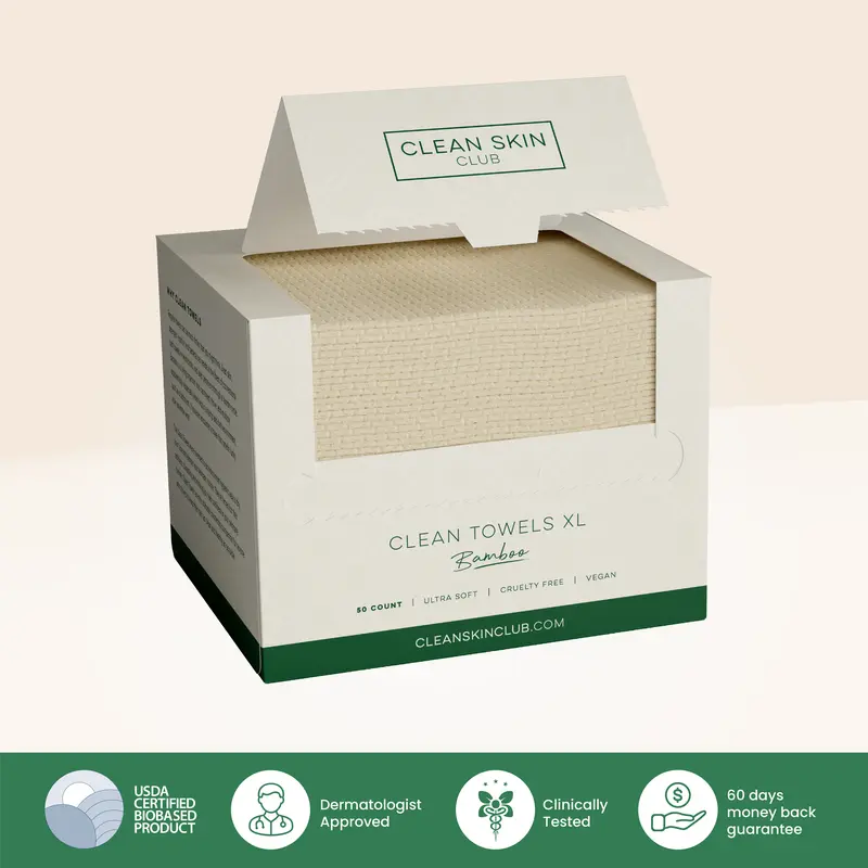 Clean Skin Club Bamboo Viscose Clean Towels XL 100% USDA Biobased Face Towel Disposable Towelette Makeup Remover Dry Wipes Ultra Soft 50 Ct 1 Pack Dermatologist Tested Vegan Cruelty Free - Gentle