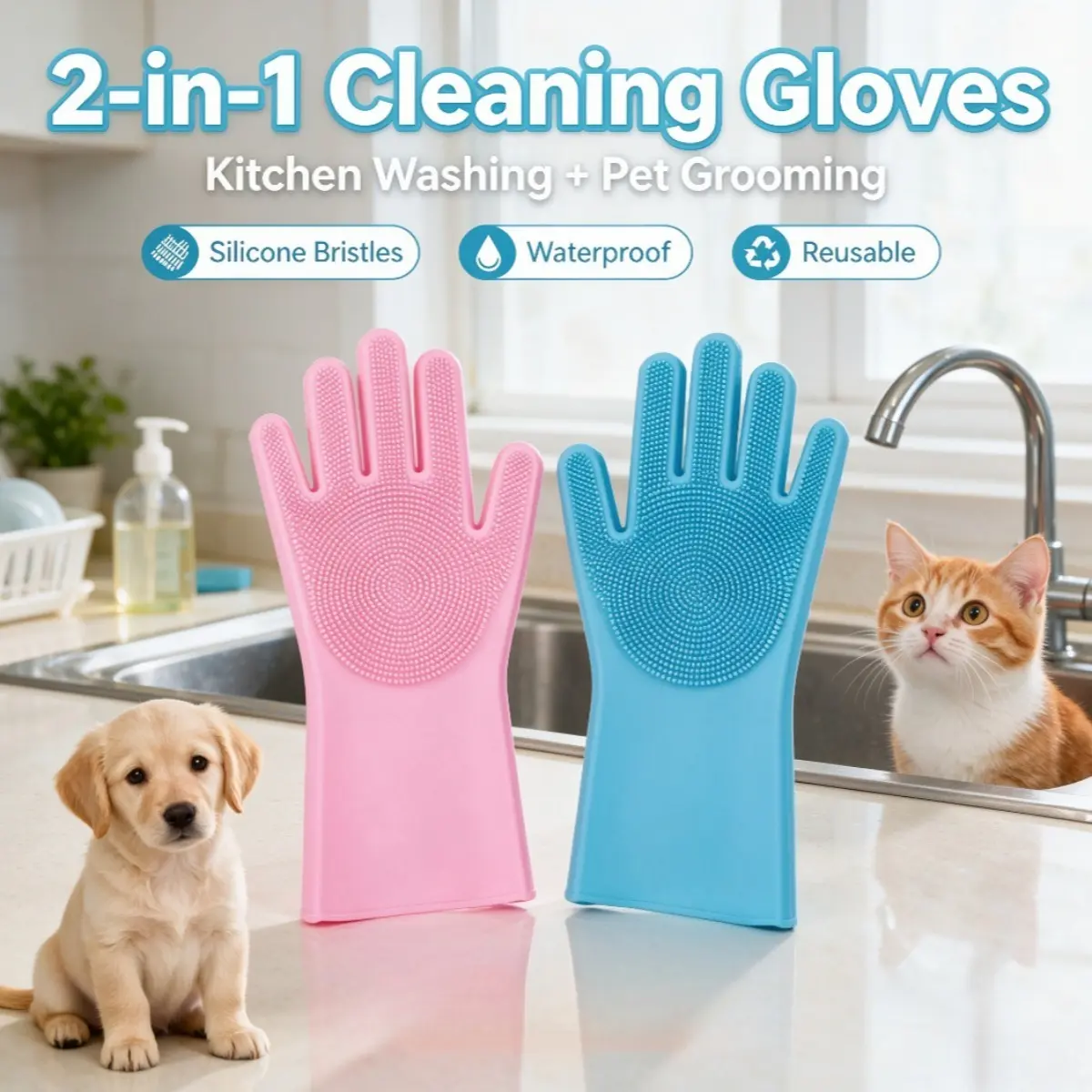 Silicone Gloves for Dishwashing Kitchen Cleaning Pet Bathing Non Slip Waterproof Durable Reusable Scrubbing Gloves