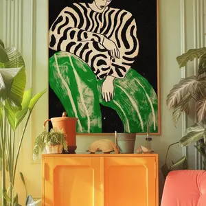 70s Woman Black Line Art Print: Green Retro Wall Decor L