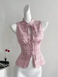 Sweetra Elegant French Retro Style Pink Plaid V-Neck Cinched Waist Sexy Chic Mushroom Button Accent Blouse For Women