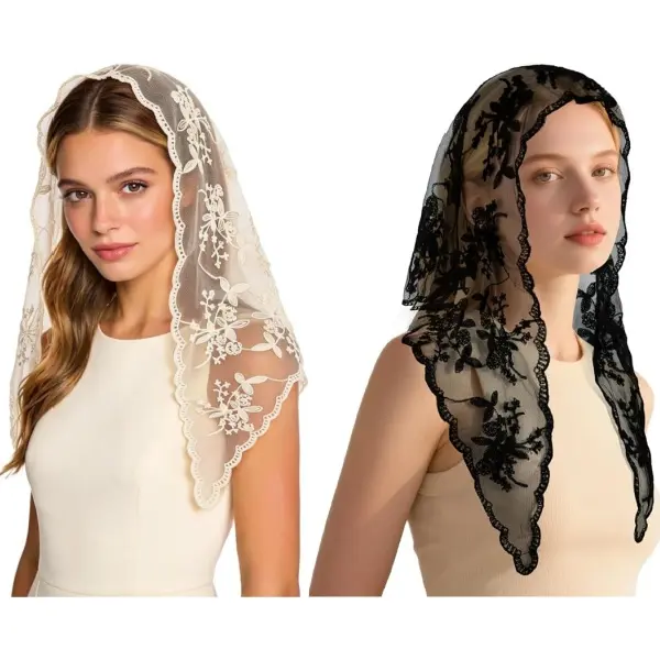 2pcs Floral Lace Veils Head Covering Latin Mass Mantilla Veils Short Scarf Halloween Costumes for Bridal Women