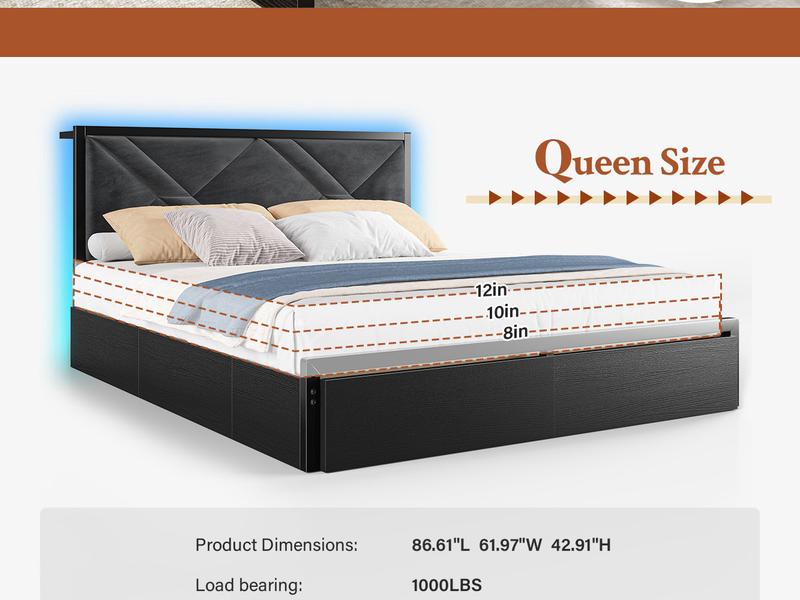 Raybee Luxury Bed Frame with 6 Storage Drawers,  LED Lights & Charging Station, Full Queen Platform Bed Frame with Upholstered Headboard & Shelf, No Noise, Holds 1000lbs, No Box Spring Needed,Easy Assembly, Black