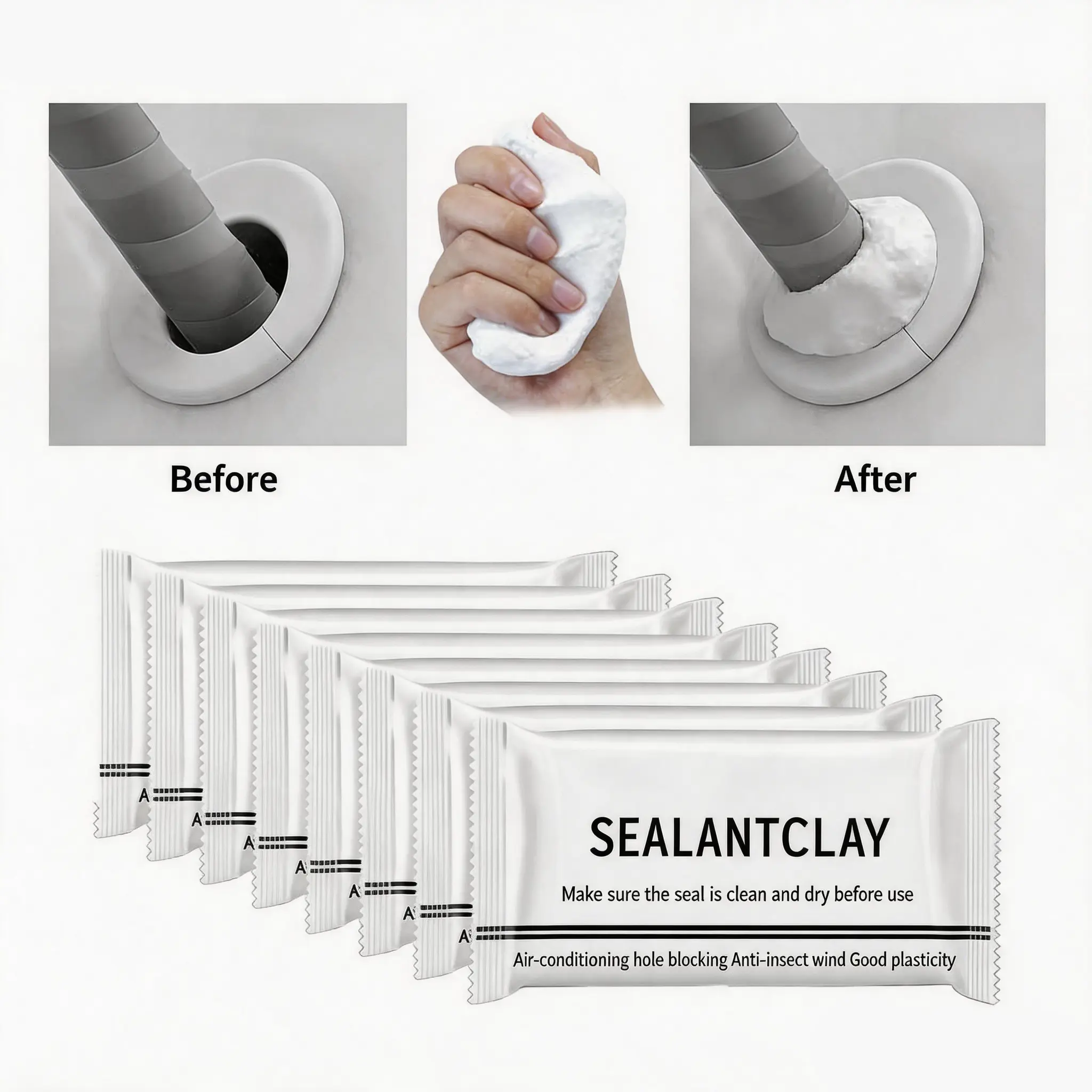 Easy No-Drilling Adhesive Home Repair Sealing Clay Kit, Durable Waterproof Sealant Mastic Hole Filling Putty, Quick-Dry Anti-Insect Solution for AC Pipe Gaps & Wall Cracks