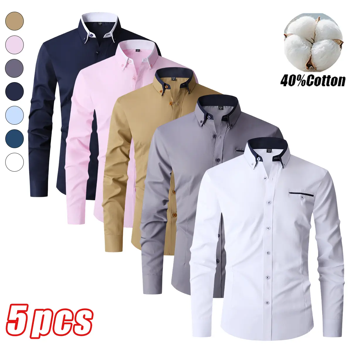Set of 5 men’s long-sleeve shirts; fashionable casual everyday wear; breathable and comfortable; solid color button design; casual dress workwear; men’s selection; men’s shirts
