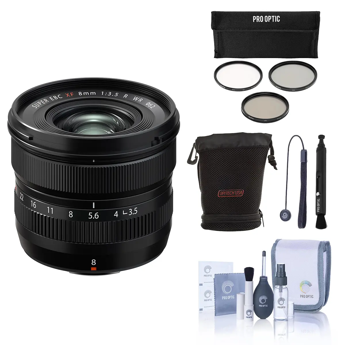 Fujifilm XF 8mm f/3.5 R WR Lens, Black, Bundle with 62mm Filter Kit, Soft Lens Case, Cleaning Kit, Lens Pen Cleaner and Lens Cap Tether