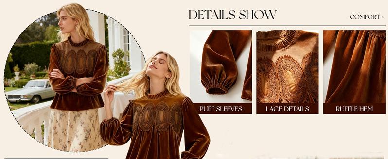 Yeokou Women's Long Sleeve Velvet Trim Lace Blouse Elegant Flared Swing Top Round Neck Casual Wear for Parties Weddings Dinners Office Dates