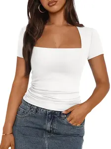 Women's Square Neck Short Sleeve T Shirts Double Lined Basic Tee Slim Fit Tops