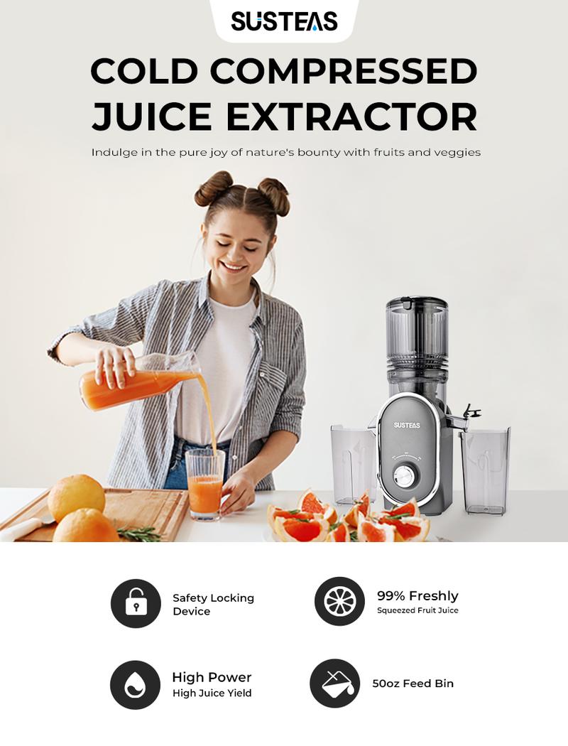 SUSTEAS Cold Press Juicer, Large Inlet, Large Capacity, Slow Masticator, High Yield Juice Extractor - Easy to Clean