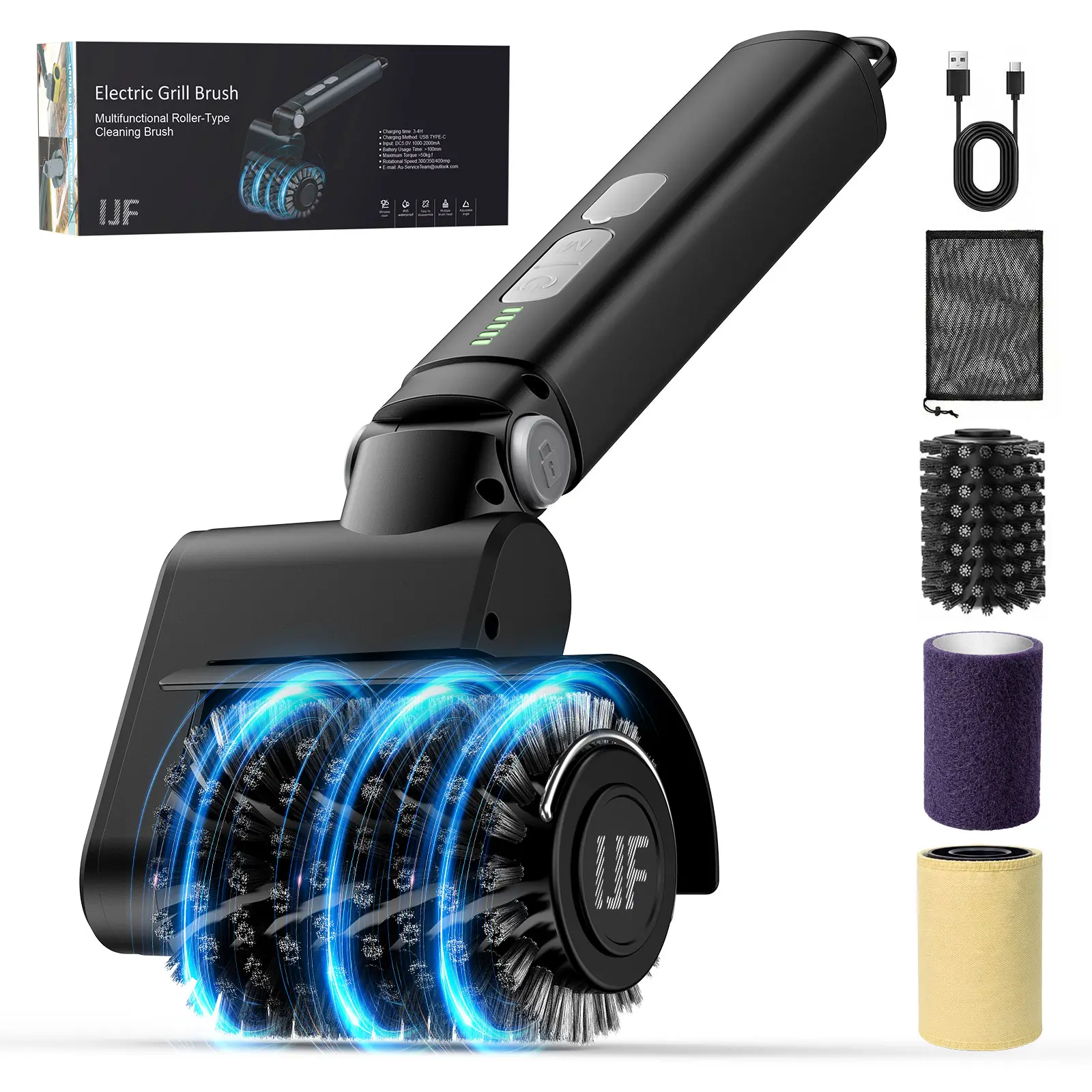 IJF Cordless Electric Stainless Steel BBQ Grill Brush, CSA Certified, Bristle-Free, Upgraded Stronger Power & Longer Runtime, 2 Heads + Scrub Pad Grease Cleaner for Outdoor Kitchen Backyard Barbecue