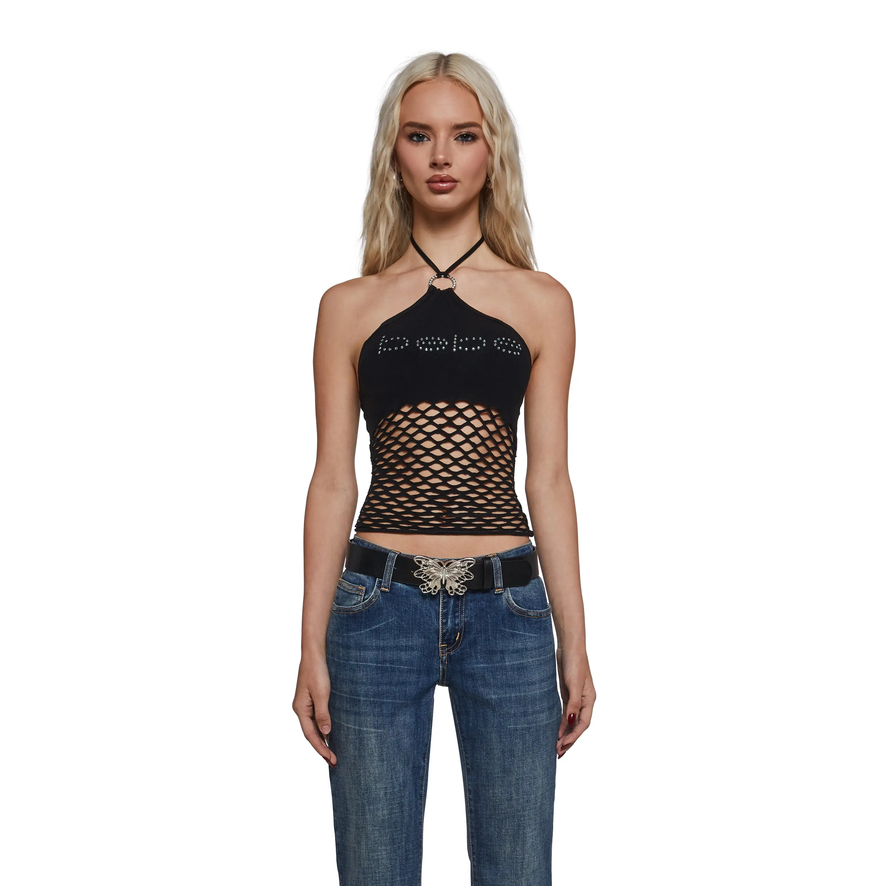 Fishnet Halter Top - Black