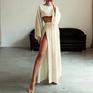 Casual Solid Cotton Linen 2 Piece Sets Spring O Neck Crop Top High Waist Slit Women Skirt Outfit Summer Flare Sleeve Hollow Suit Clothes Fabric rave outfits 2 piece sets women rodeo outfits women Womenswear Dress