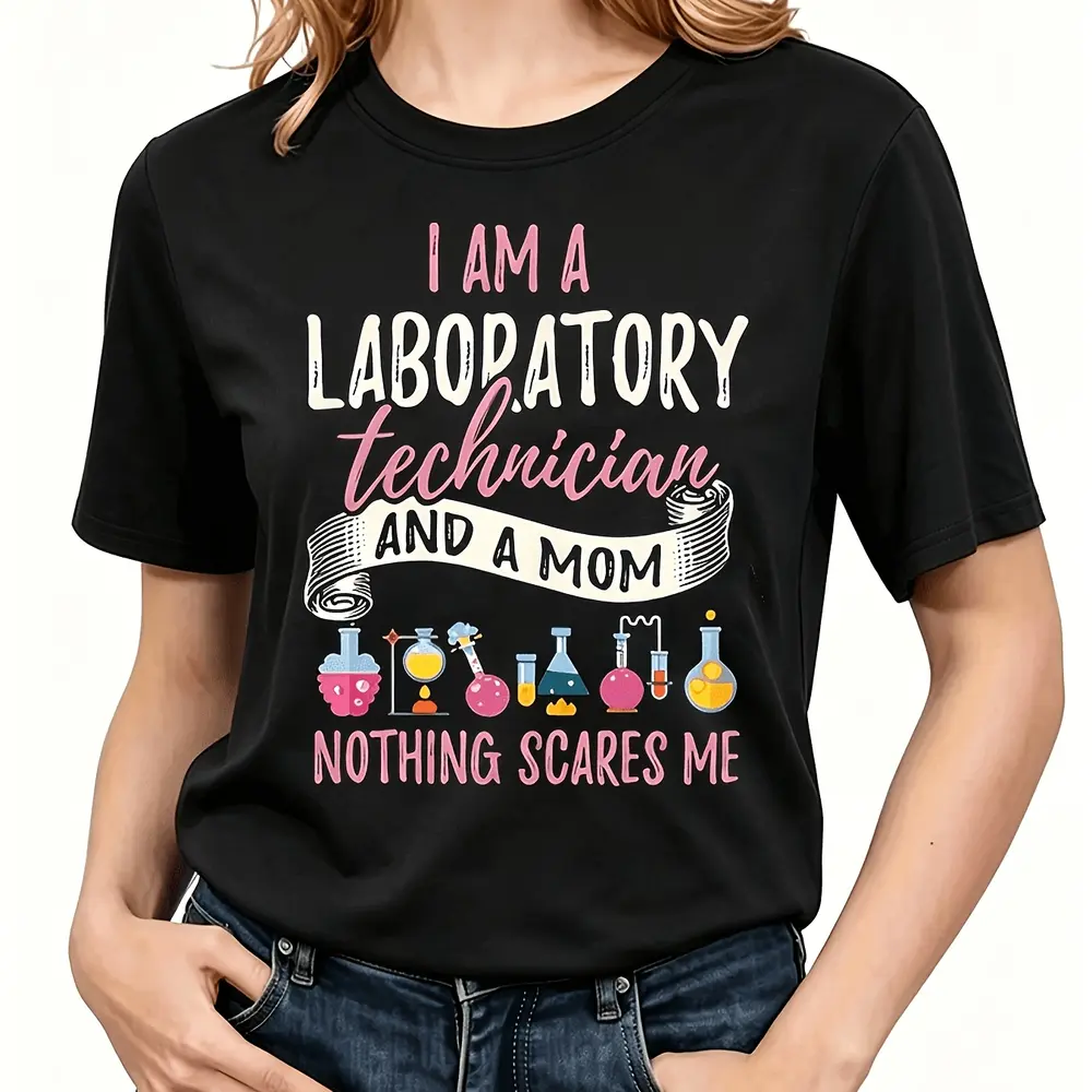 Women's Short-Sleeve Round Neck Black Lab Technician T-Shirt - Soft Fabric, Science Theme Printed Slogan "I am a laboratory technician & mother", Casual Fit Top for Patriot Day