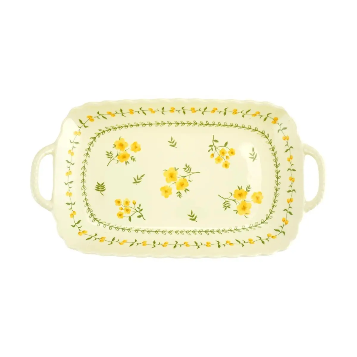 Golden Lion 12-inch Japanese Pastoral Style Rectangular Platter, Yellow Glaze Spring Blossom Design with Double Handles, 31x17.3x4.2cm
